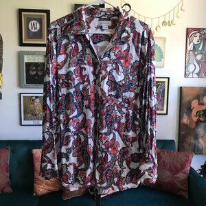 LIZ CLAIBORNE size L White Purple Pink Teal Paisley Print Button Front Shirt